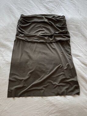 With Jean LIla skirt in slate - mdi skirt with ruched detail.